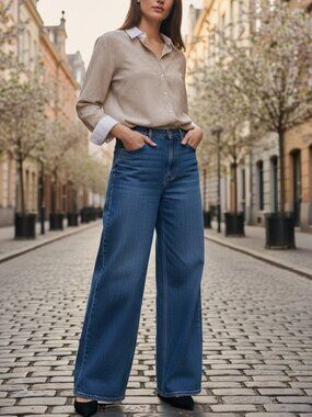 Zara Wide Leg Jeans High Rise Blue Denim Size 14 EU 46 NWOT